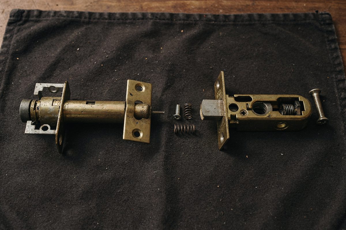 A deadbolt disassembled into its parts arranged in a line on a drop cloth