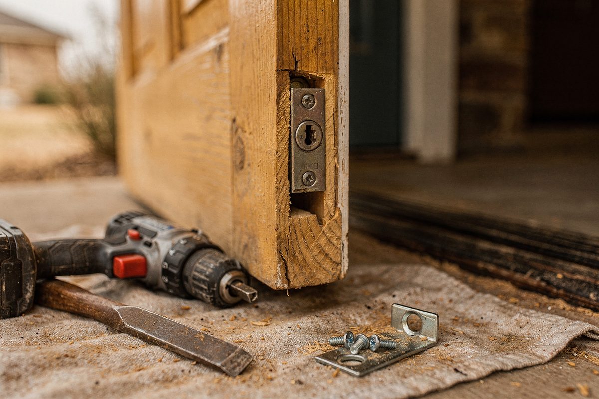 A deadbolt lock partway installed into the edge of a wood front door