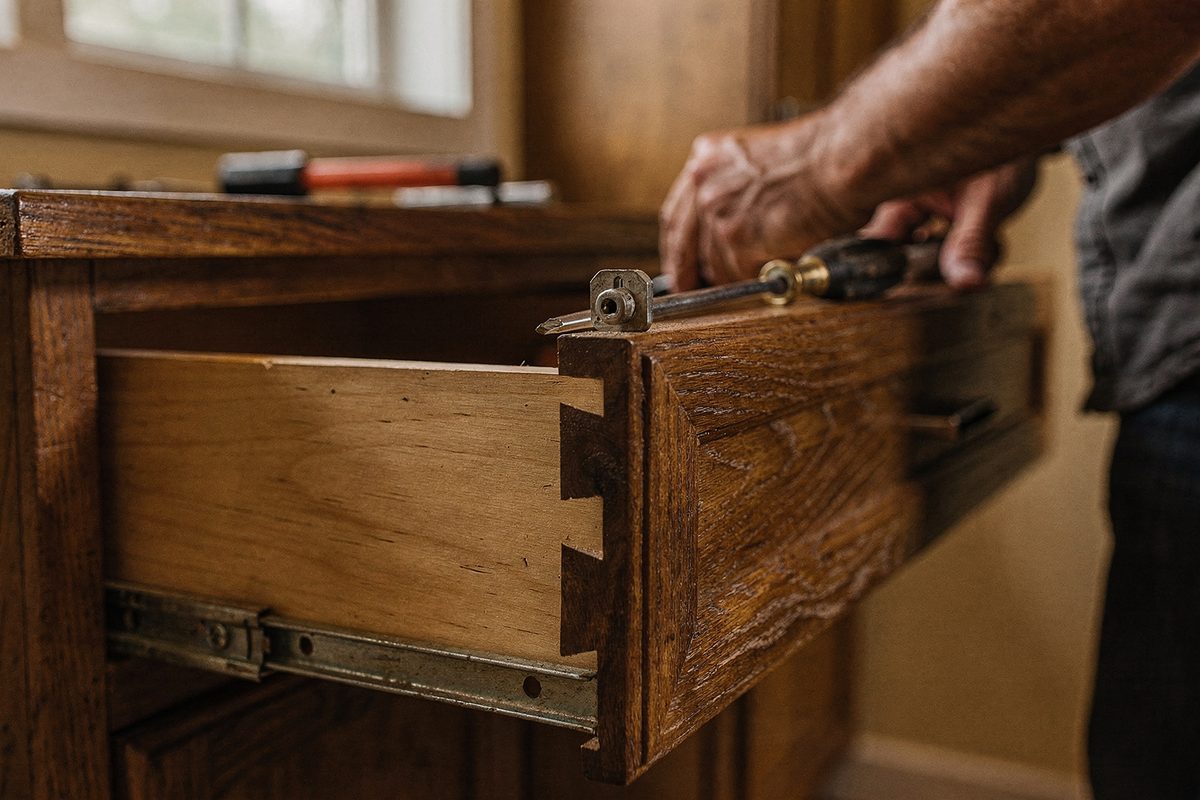 A cam lock removed from a wood cabinet drawer during repair