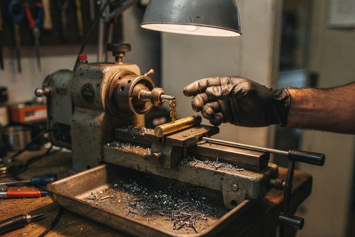 A key-cutting machine tracing a brass key against a guide blank