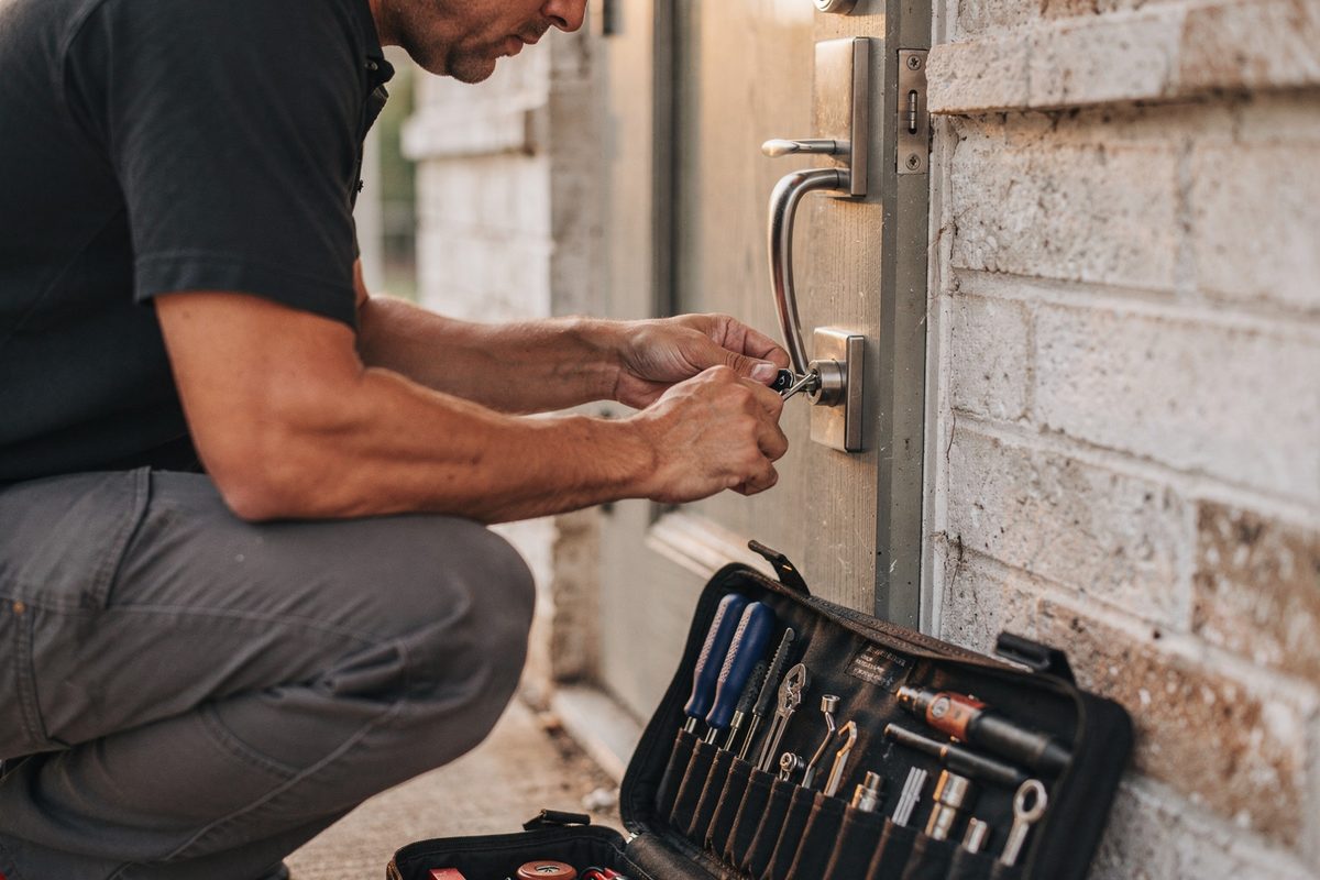A locksmith working a tension wrench and pick into a front door's deadbolt