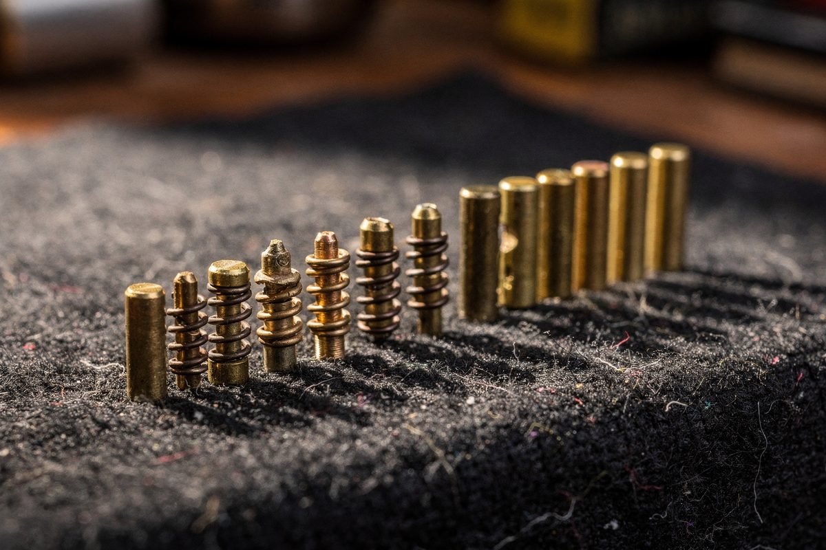 A row of brass pin tumblers and springs arranged in size order on felt cloth