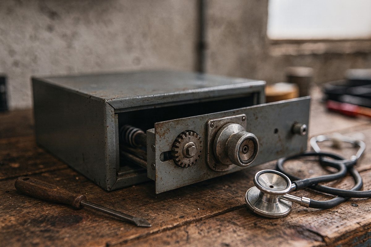 A small steel drawer safe opened on the workbench showing its bolt mechanism