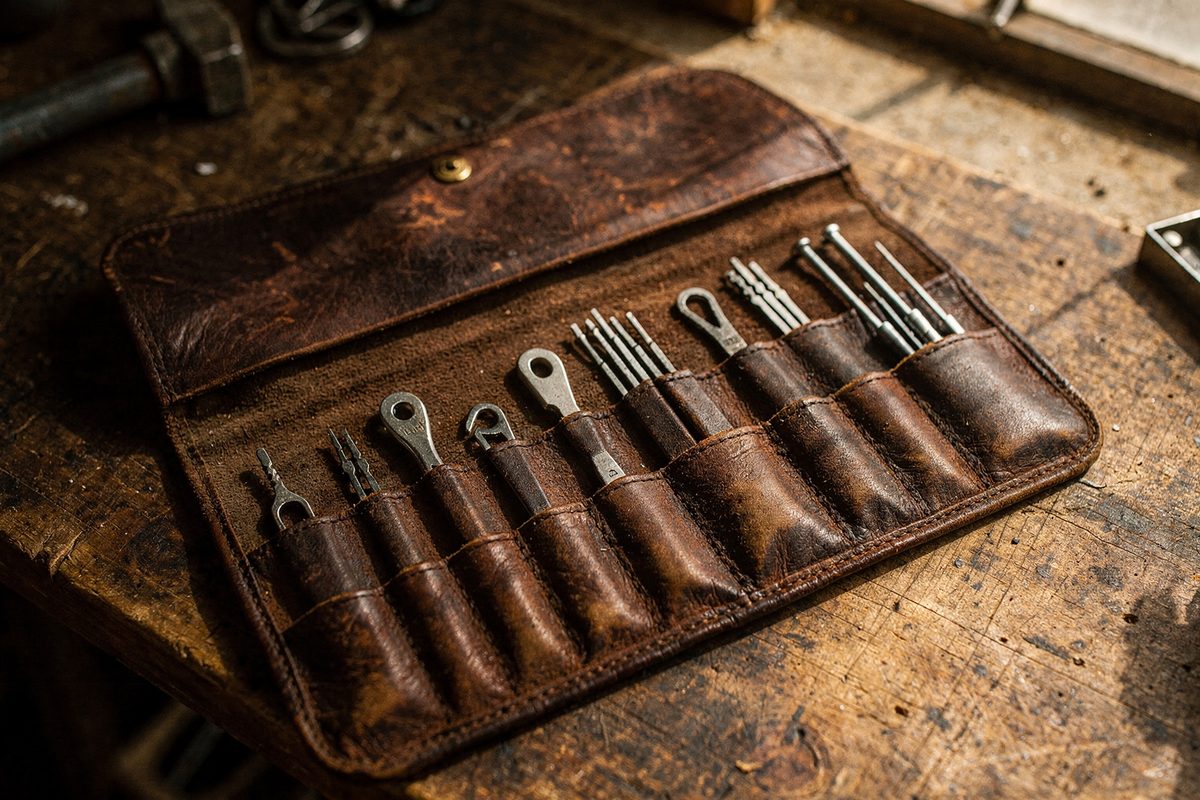 A leather tool roll laid open showing rows of steel picks and tension wrenches